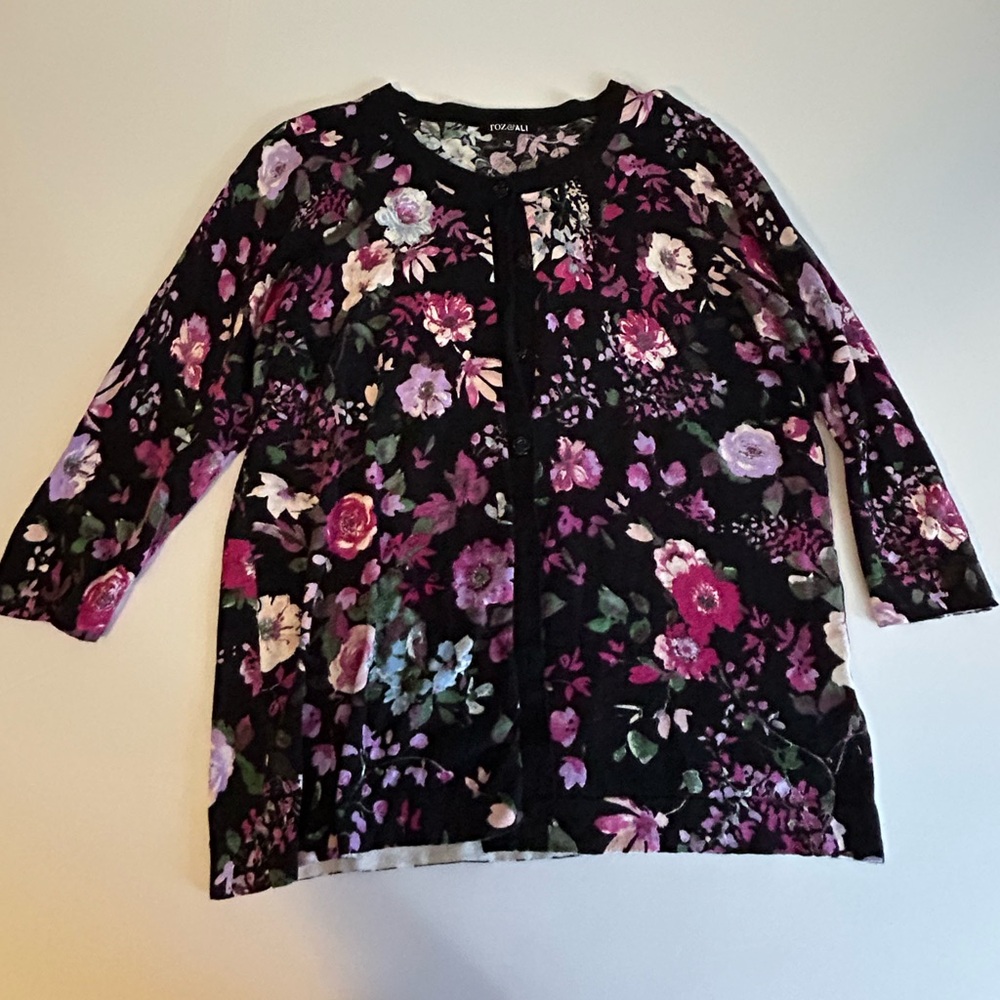 Roz & Ali Black Cardigan with Pink and Purple Floral Pattern